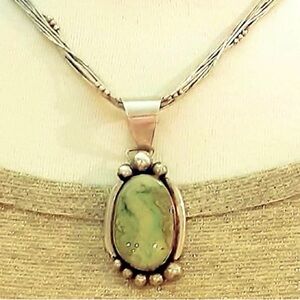 Rare Navajo Leonard Jim Green Turquoise Pendant Liquid Sterling Silver Necklace
